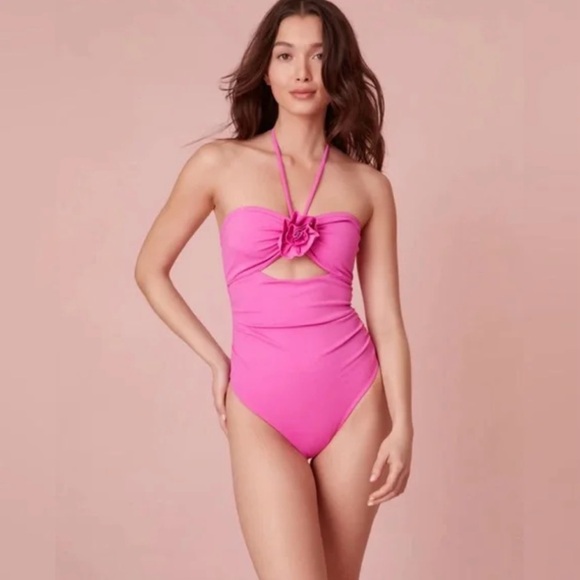 LoveShackFancy Didi One-Piece Halter Swimsuit in Party Punch Pink - Picture 1 of 7
